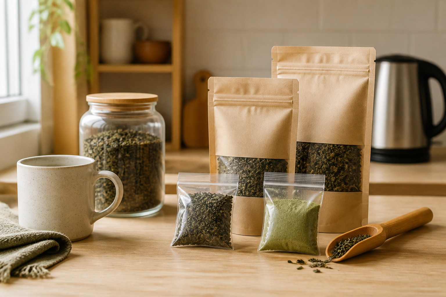 Plain tea refill pouches and loose-leaf tea on a kitchen counter