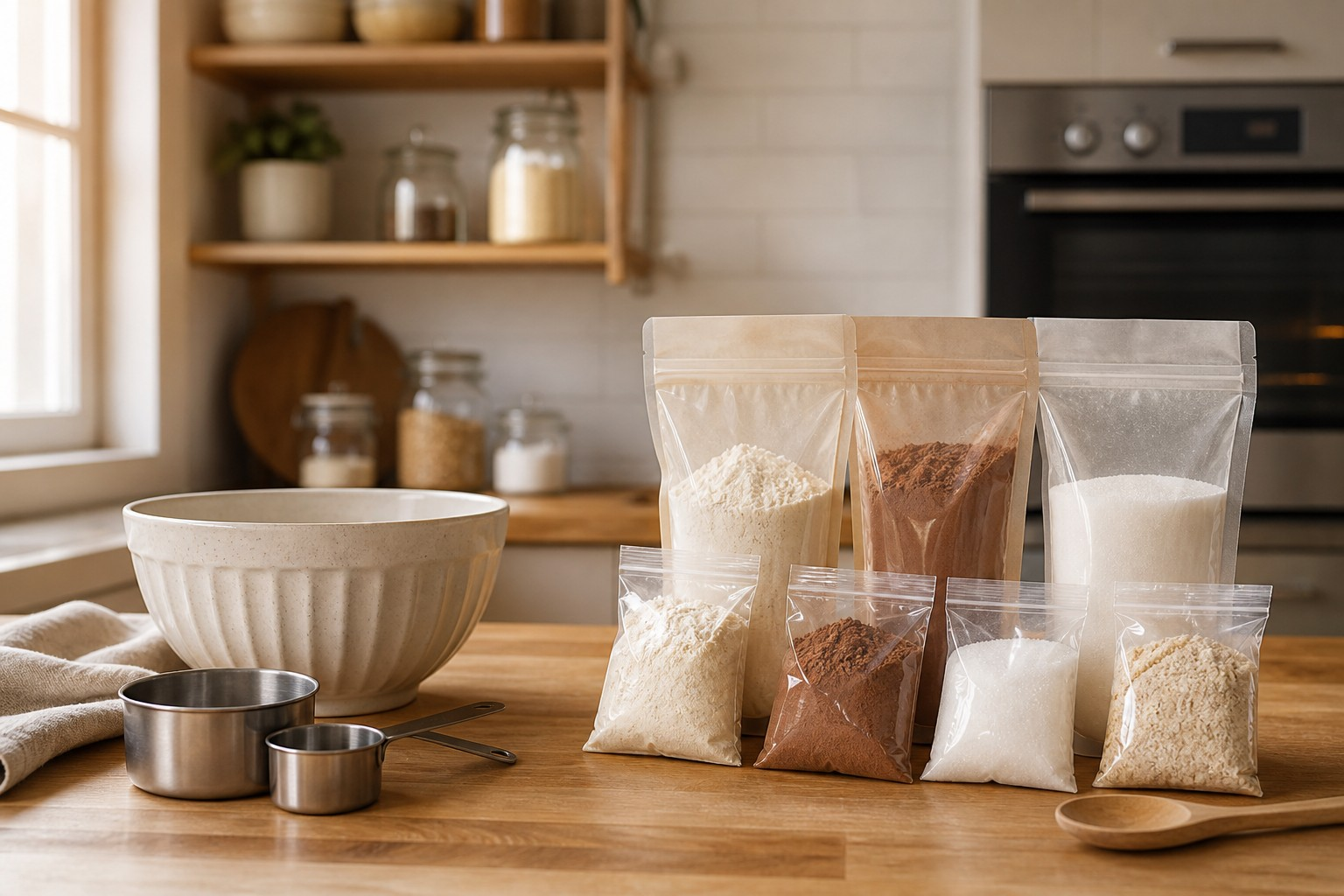 Plain baking ingredient pouches on a home kitchen counter