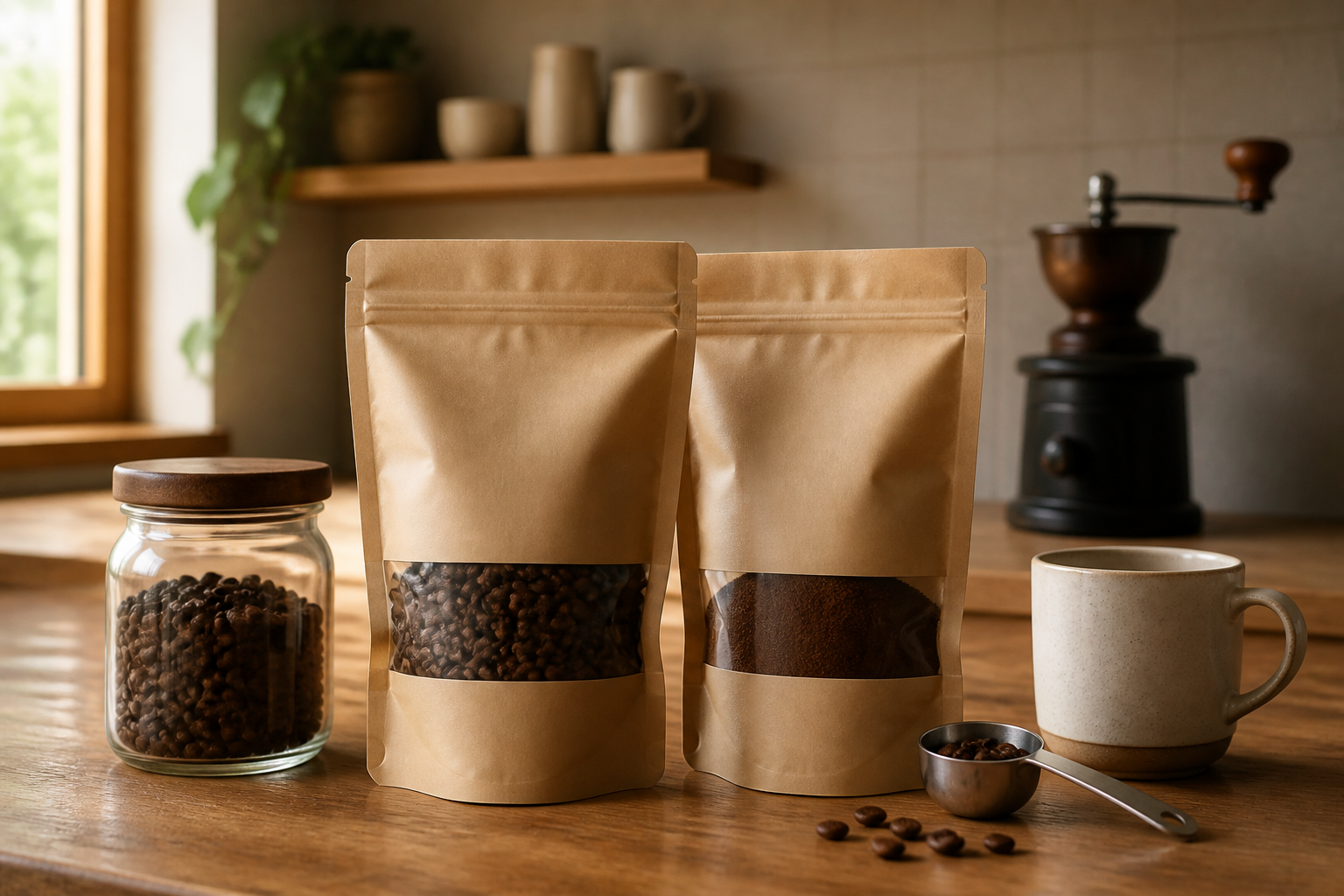 Plain coffee bean and coffee powder refill pouches on a home kitchen counter
