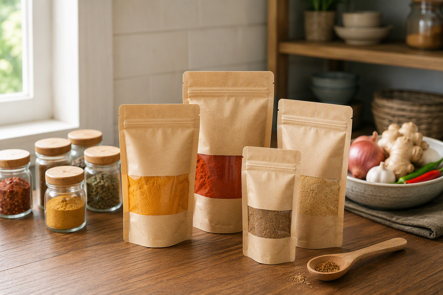 Plain spice and seasoning refill pouches on a home kitchen counter