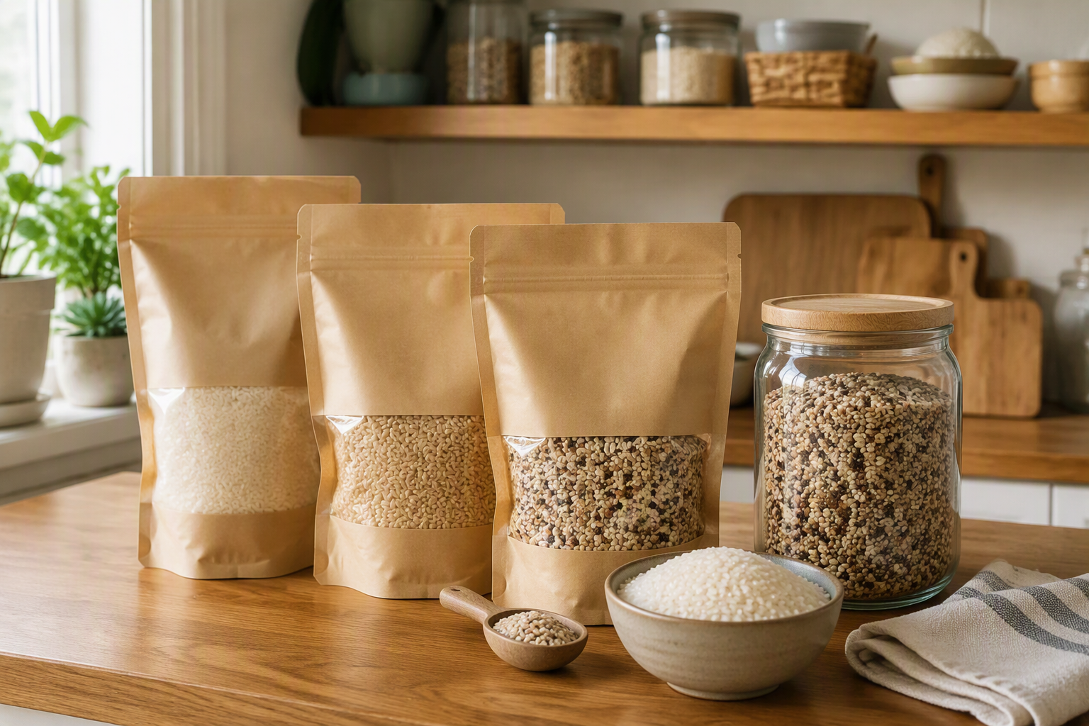 Plain rice and grain refill pouches on a home kitchen counter