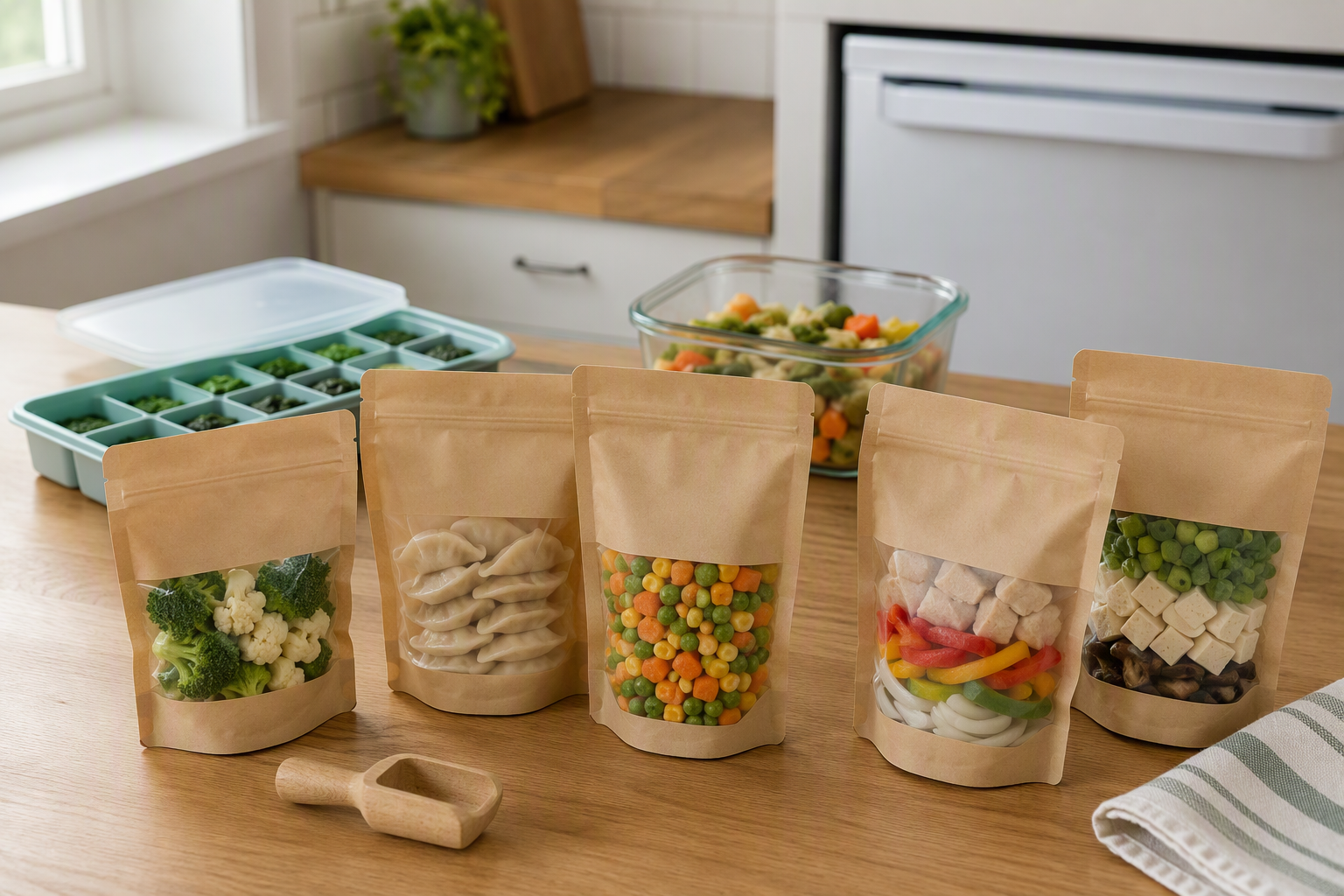 Plain frozen food preparation pouches on a home kitchen counter