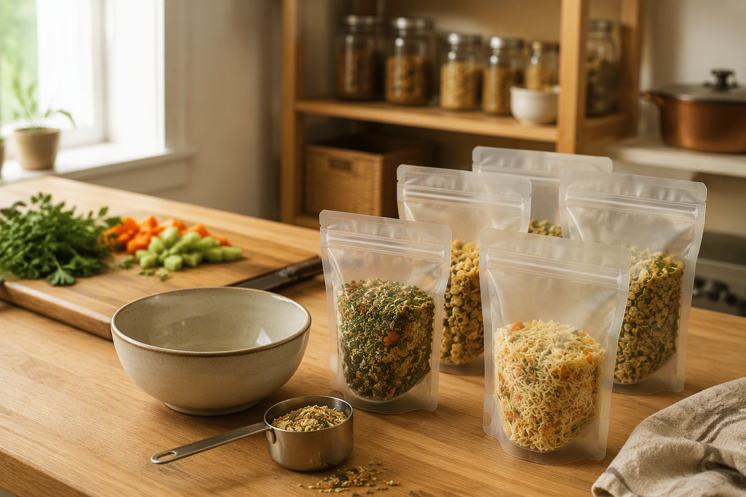 Plain soup-mix refill pouches on a home kitchen counter