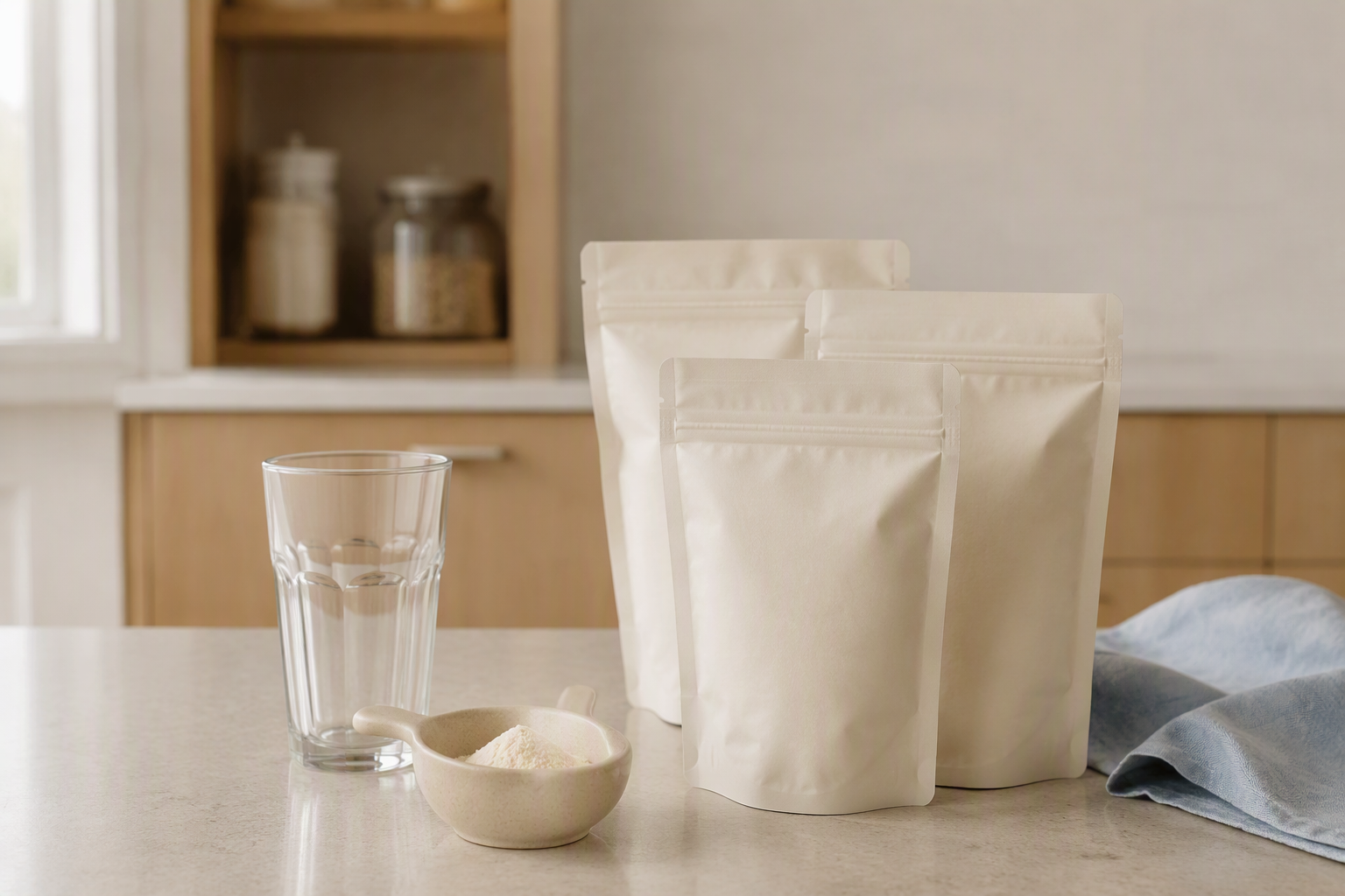 Plain instant drink powder refill pouches beside a glass and scoop in a home kitchen