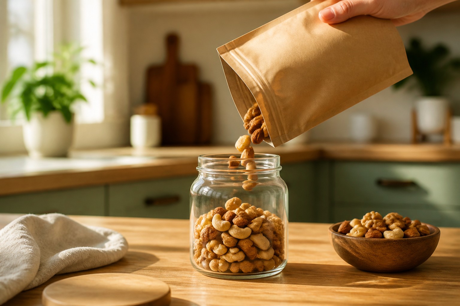 Mixed nuts being poured from a refill pouch into a storage jar on a kitchen counter