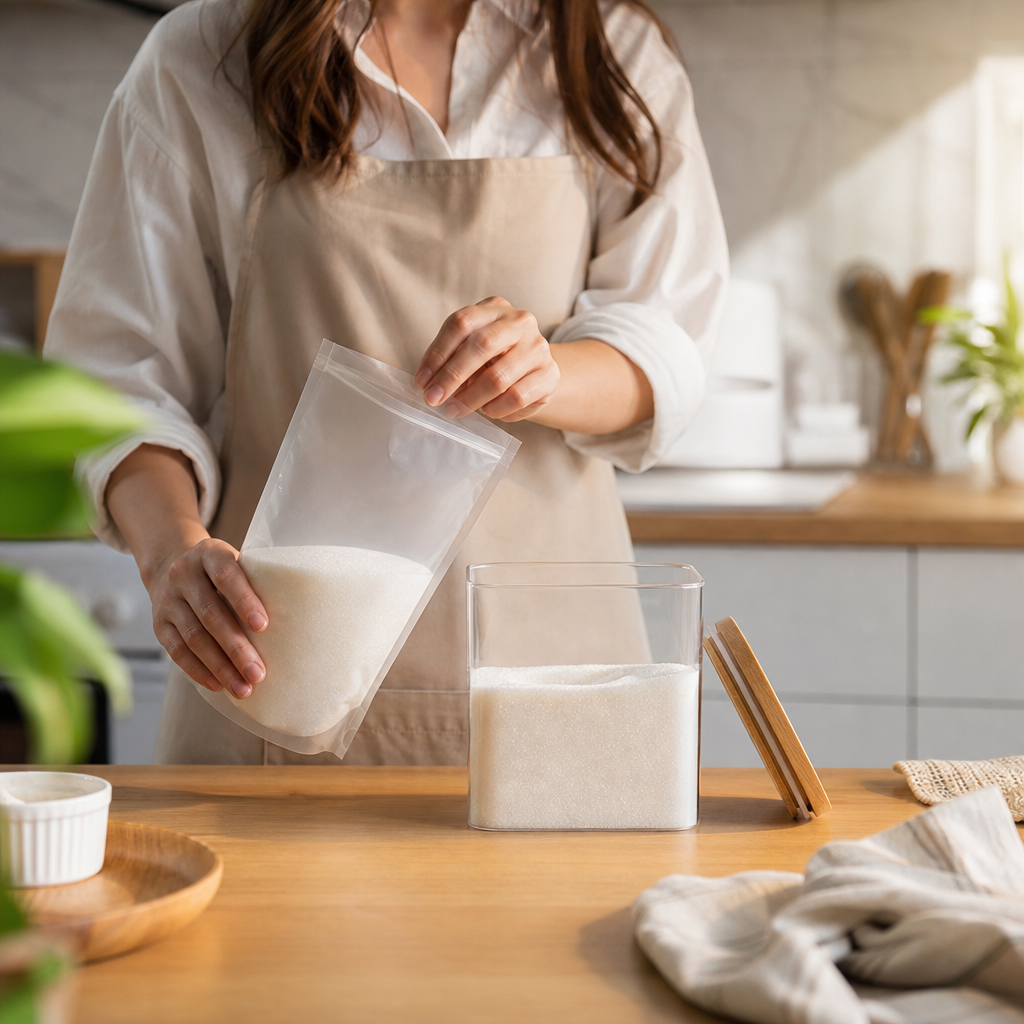 A transparent sugar refill pouch being handled in a modern kitchen