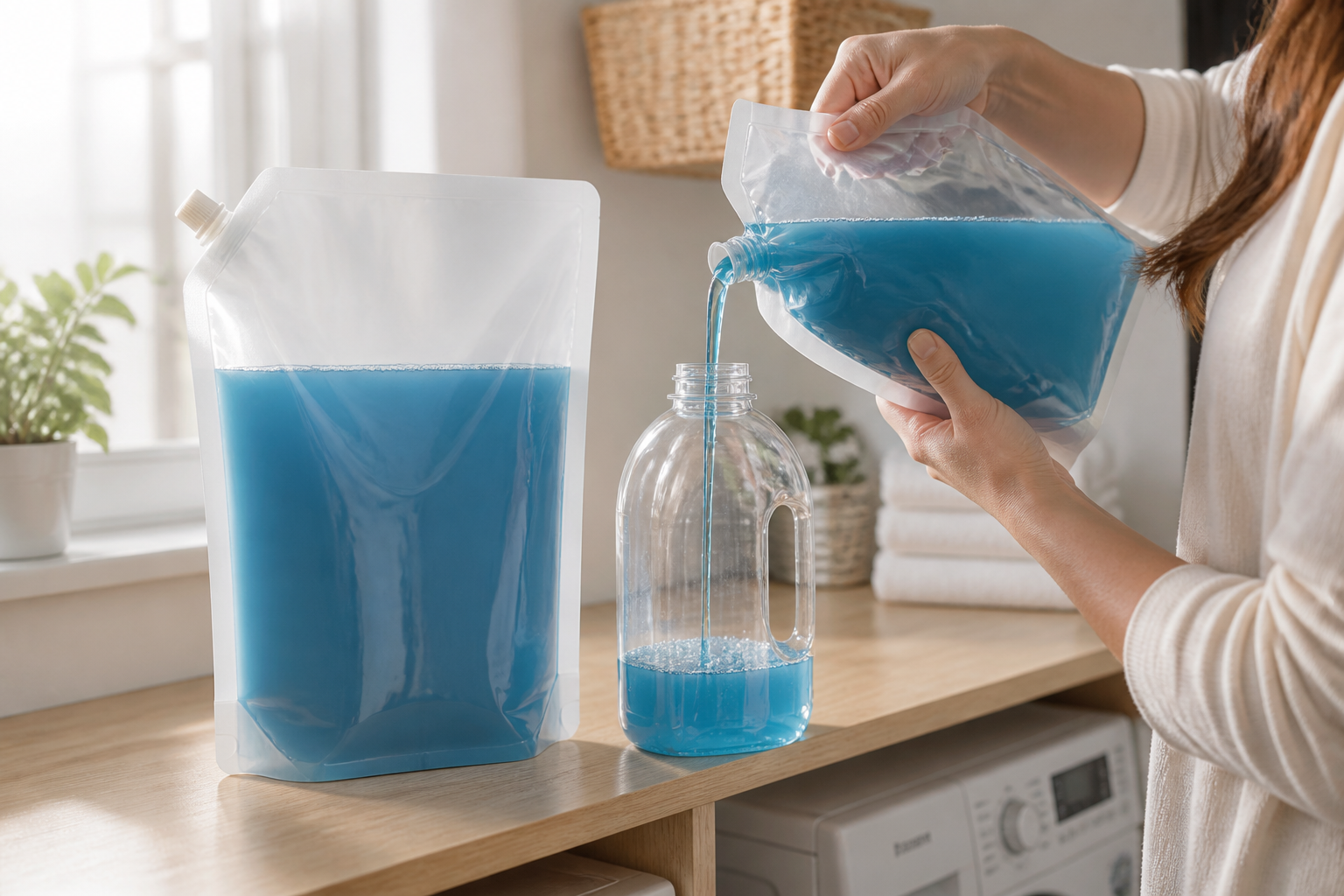 A stand-up spout pouch of blue laundry detergent liquid being refilled into a large bottle