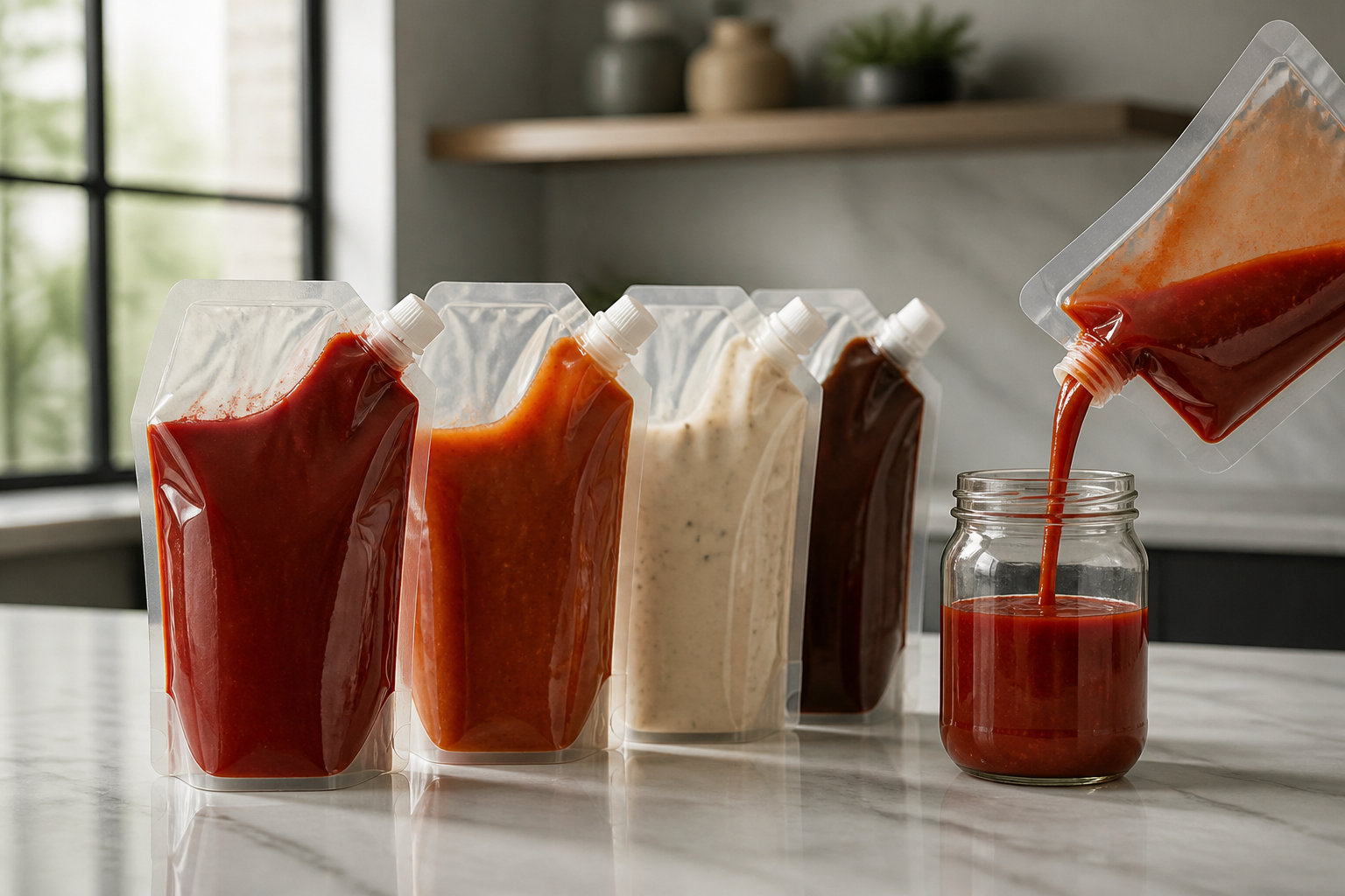 Plain condiment refill pouches arranged for a daily kitchen routine