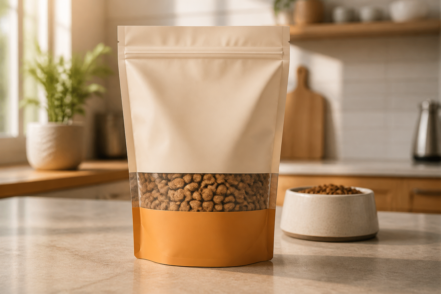 Premium pet food refill pouch in a modern home kitchen setting