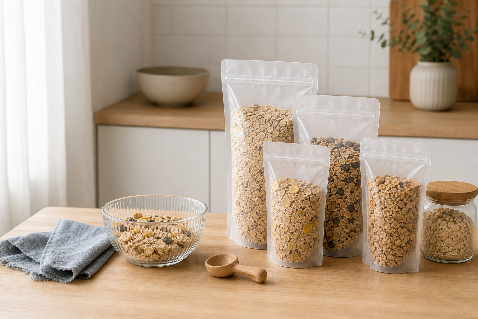 Cereal portion packaging arranged for a home breakfast routine
