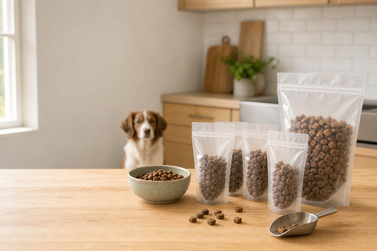 Dog treat portions and resealable pouches arranged for a home training routine