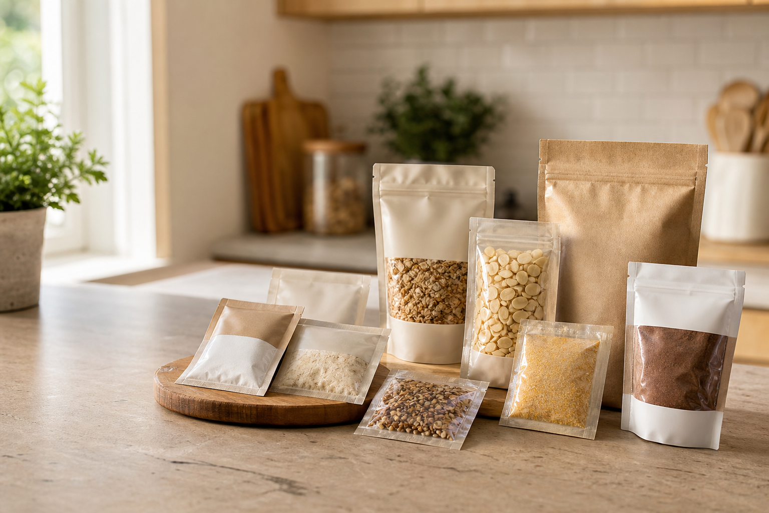 Three-side seal sachets and back-seal pillow pouches arranged on a modern kitchen countertop