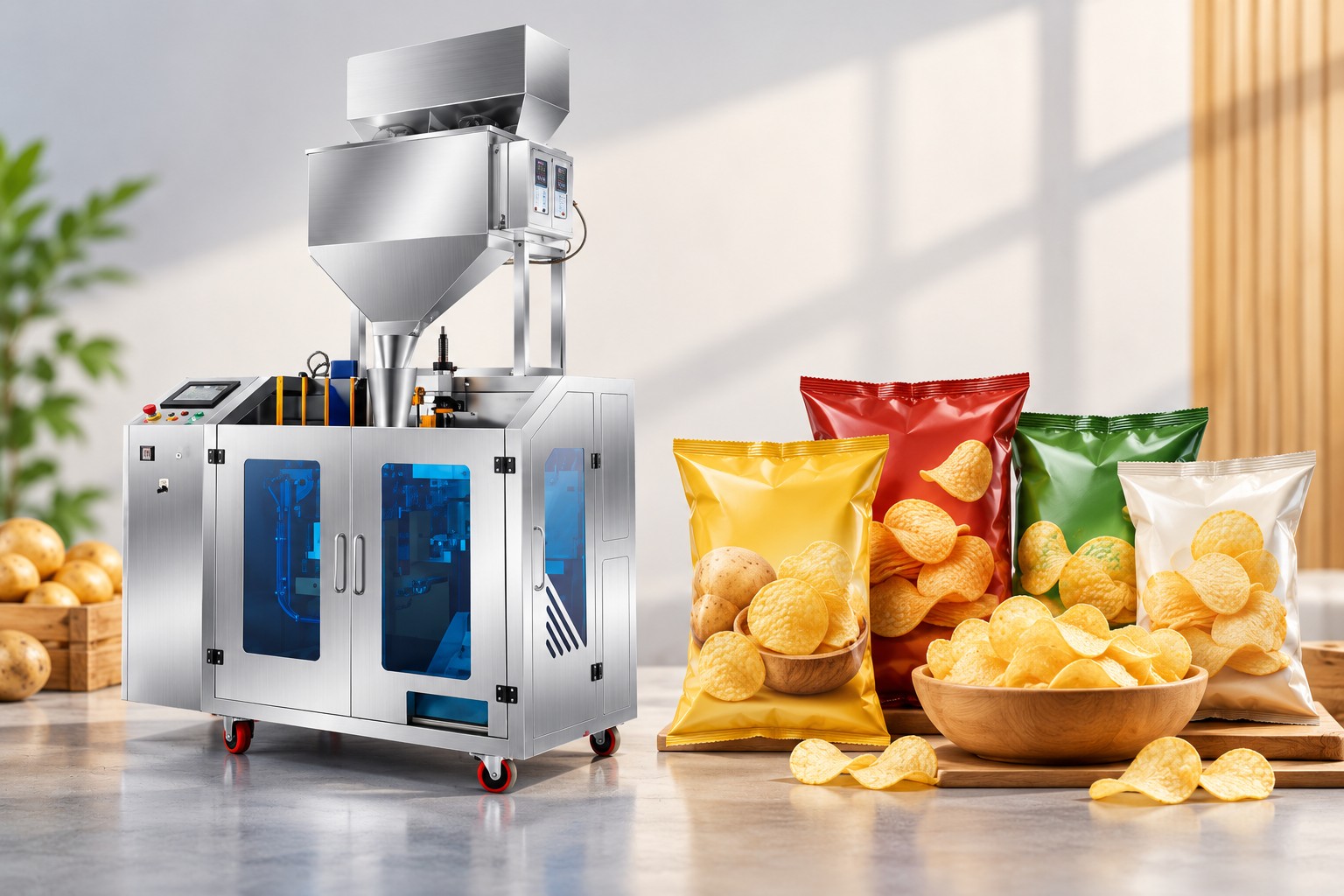 Potato chips and sealed snack pillow pouches arranged on a modern kitchen countertop