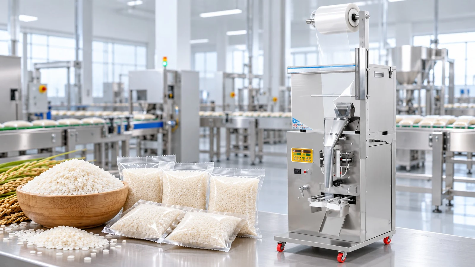 Automatic rice vacuum packing machine in modern food factory with bowls of white rice, ear of rice, and transparent sealed rice pouches