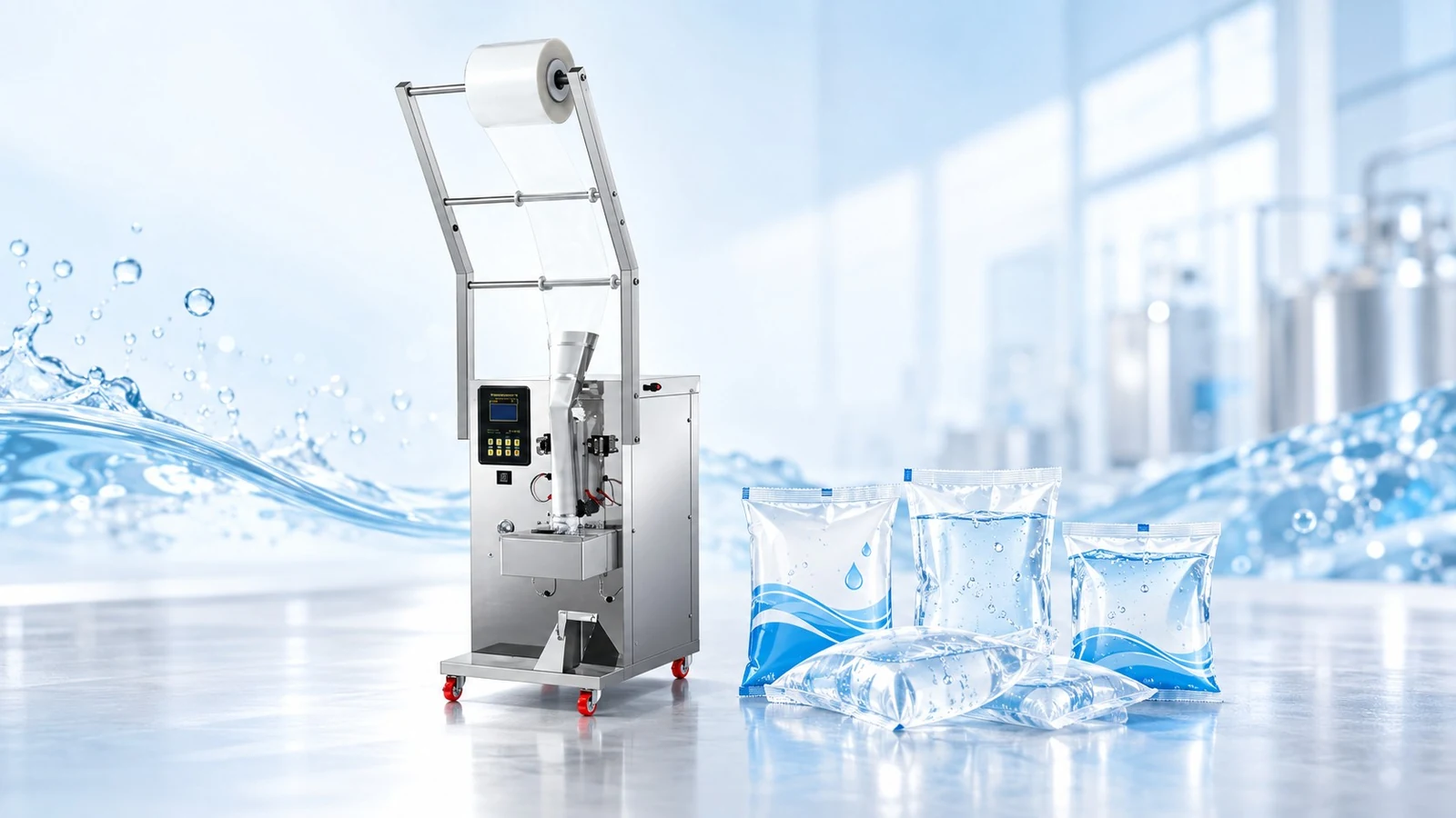 Automatic vertical liquid water pouch packing machine in modern beverage plant with sealed water sachets