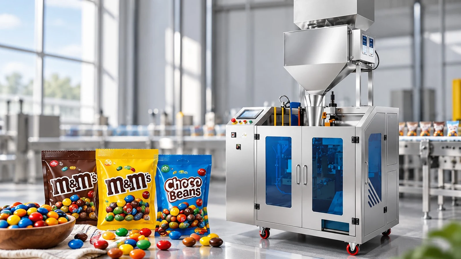 Automatic vertical chocolate beans and candy packaging machine with colorful candy sachets in modern factory