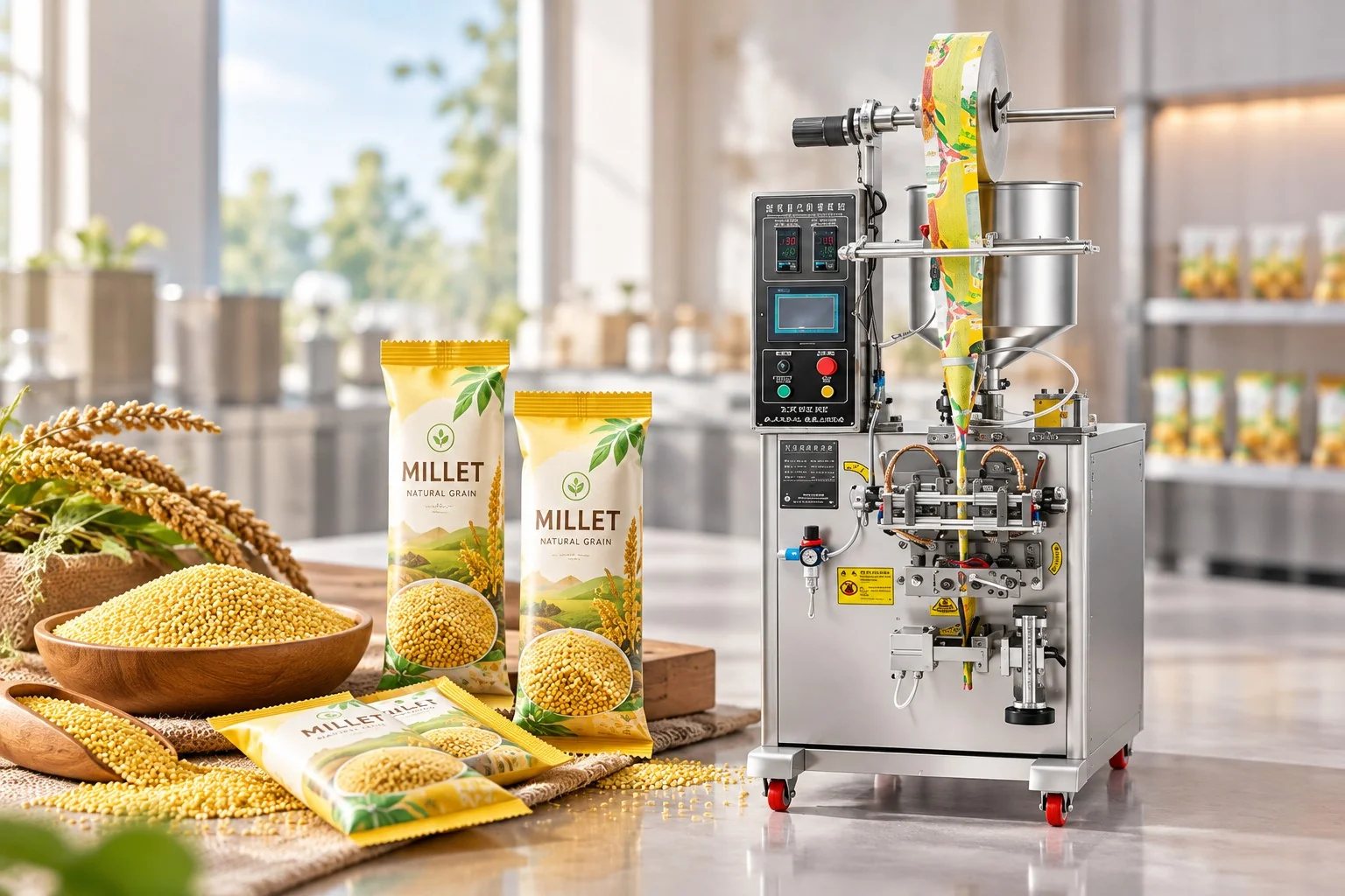Automatic volumetric cup granule packaging machine with millet grain packages in modern food factory