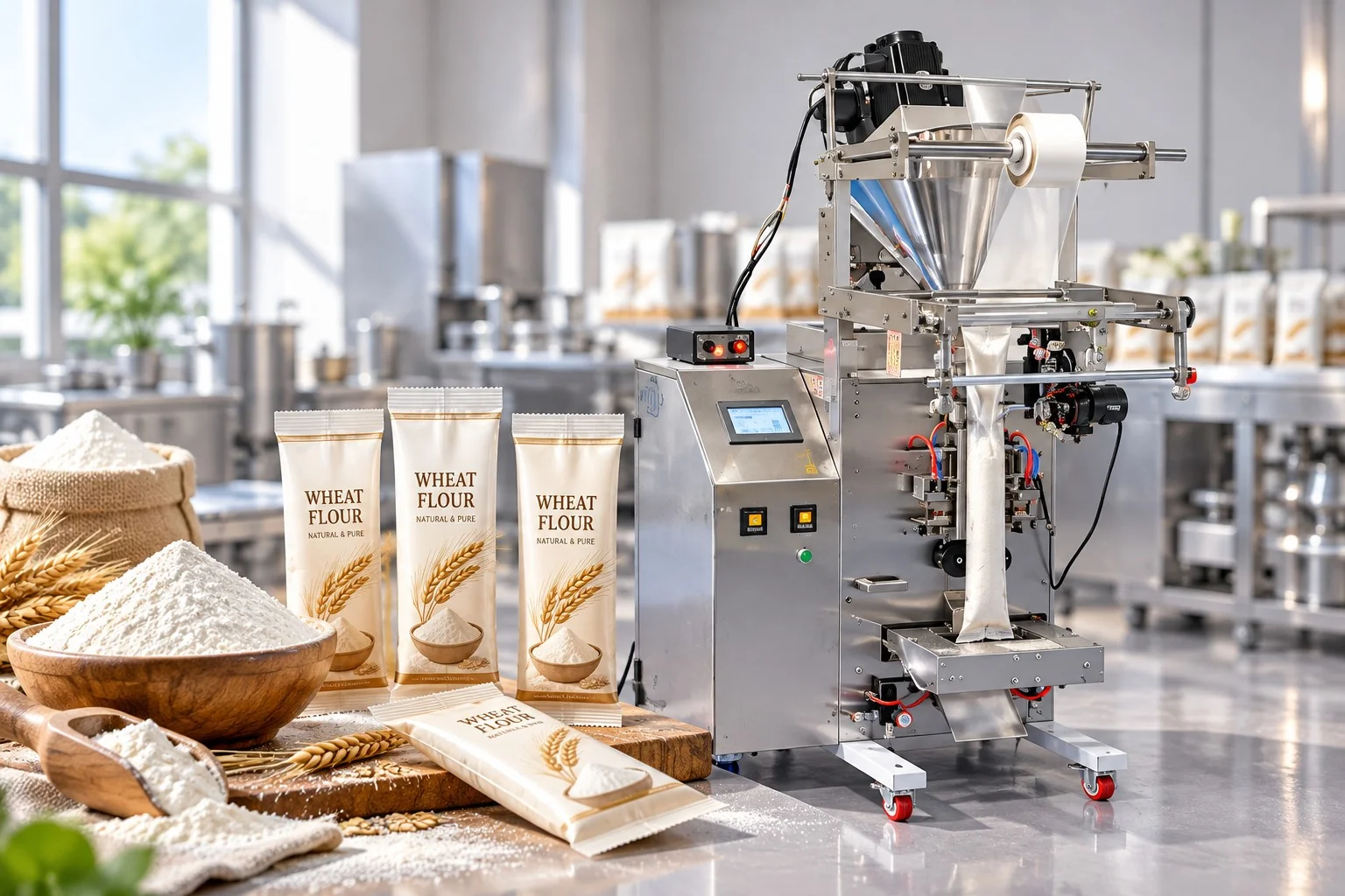Automatic auger dosing vertical powder packing machine with wheat flour sachets in modern factory