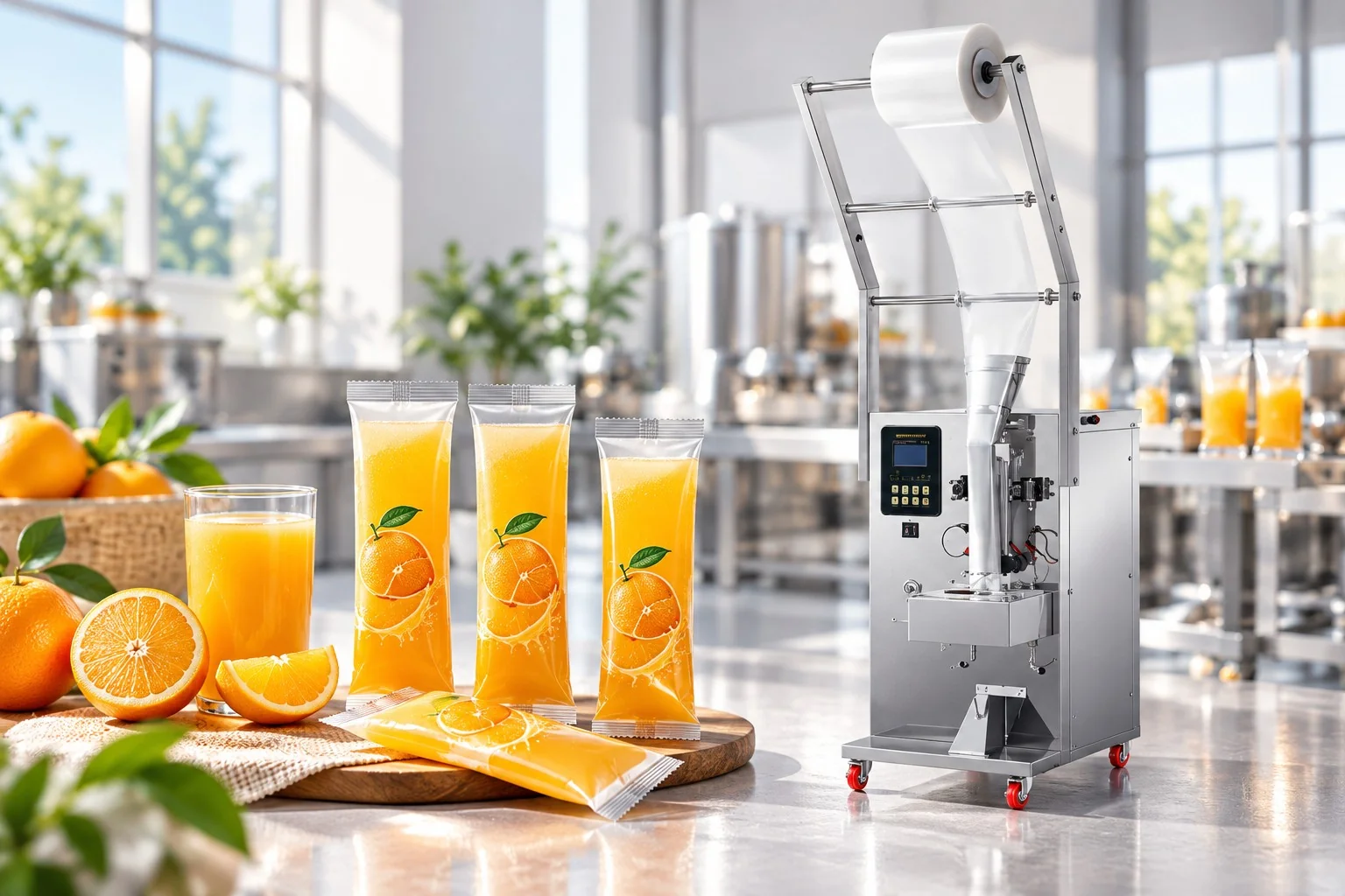 Automatic vertical liquid juice pouch packing machine with orange fruit beverage sachets in modern factory