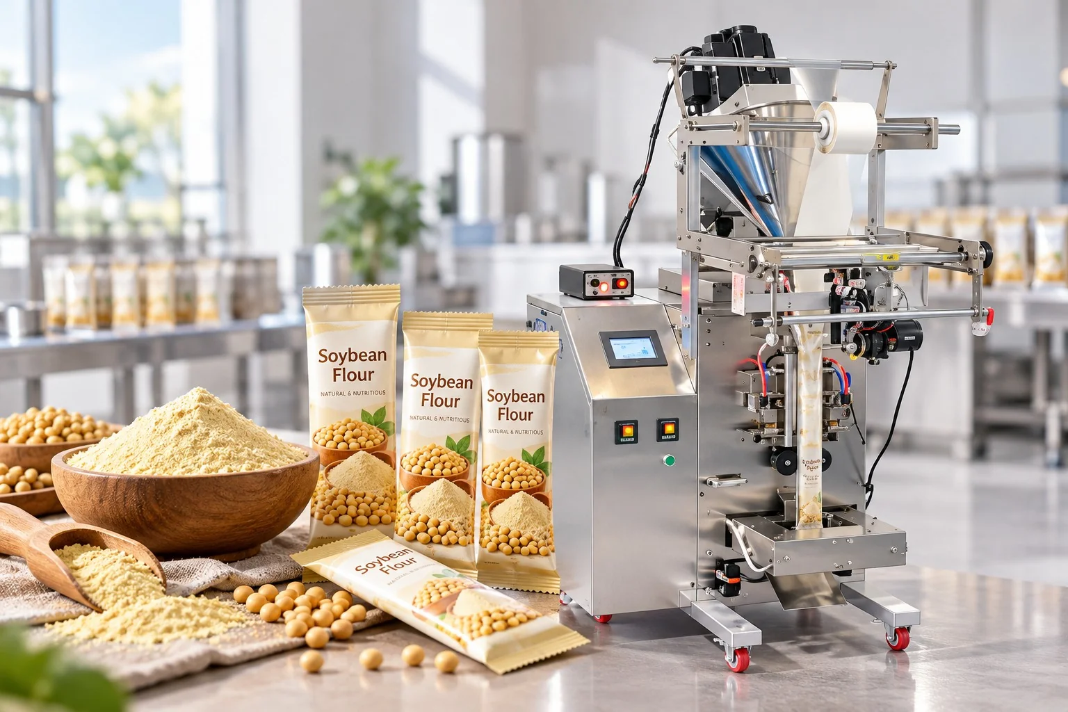 Automatic vertical powder packaging machine with soybean flour sachets in modern food processing facility