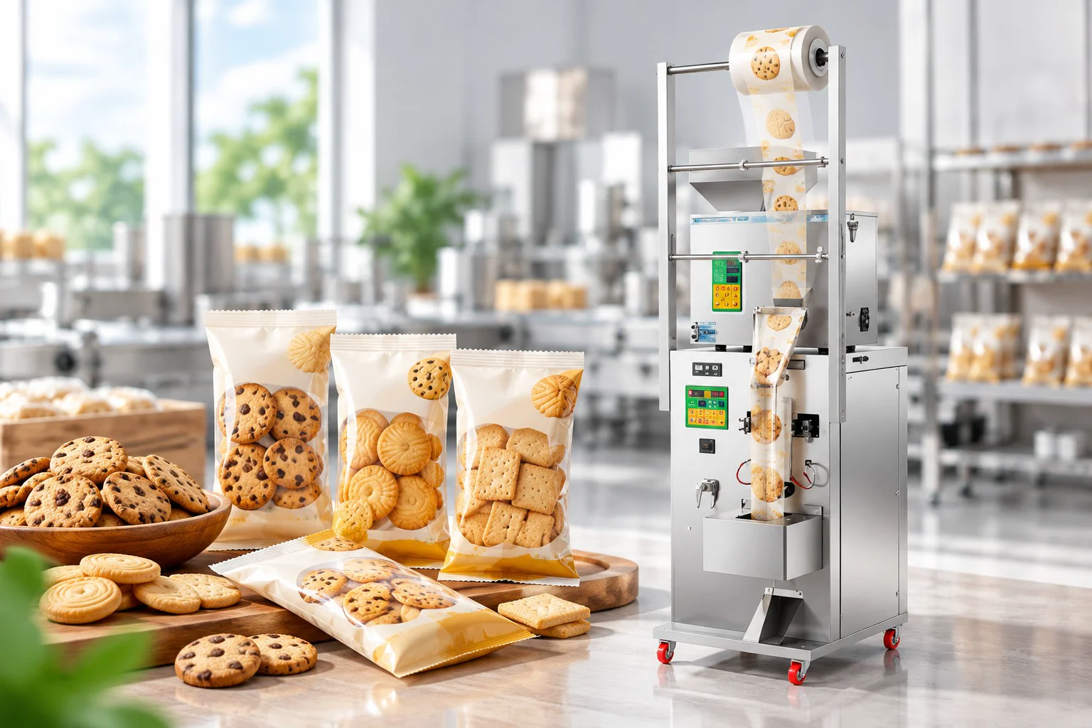 Automatic vertical biscuit cookie and crispy snack packaging machine with sealed pillow pouches in modern factory