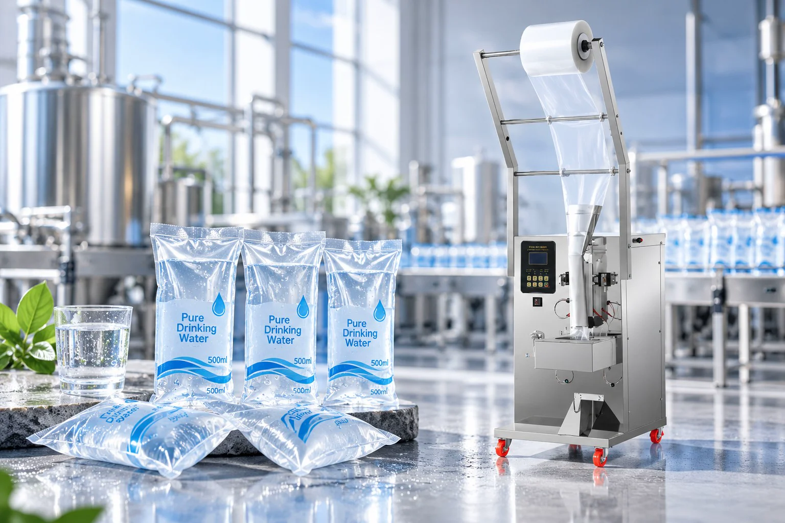 Automatic vertical water pouch and liquid packaging machine with pure drinking water sachets in modern beverage production facility