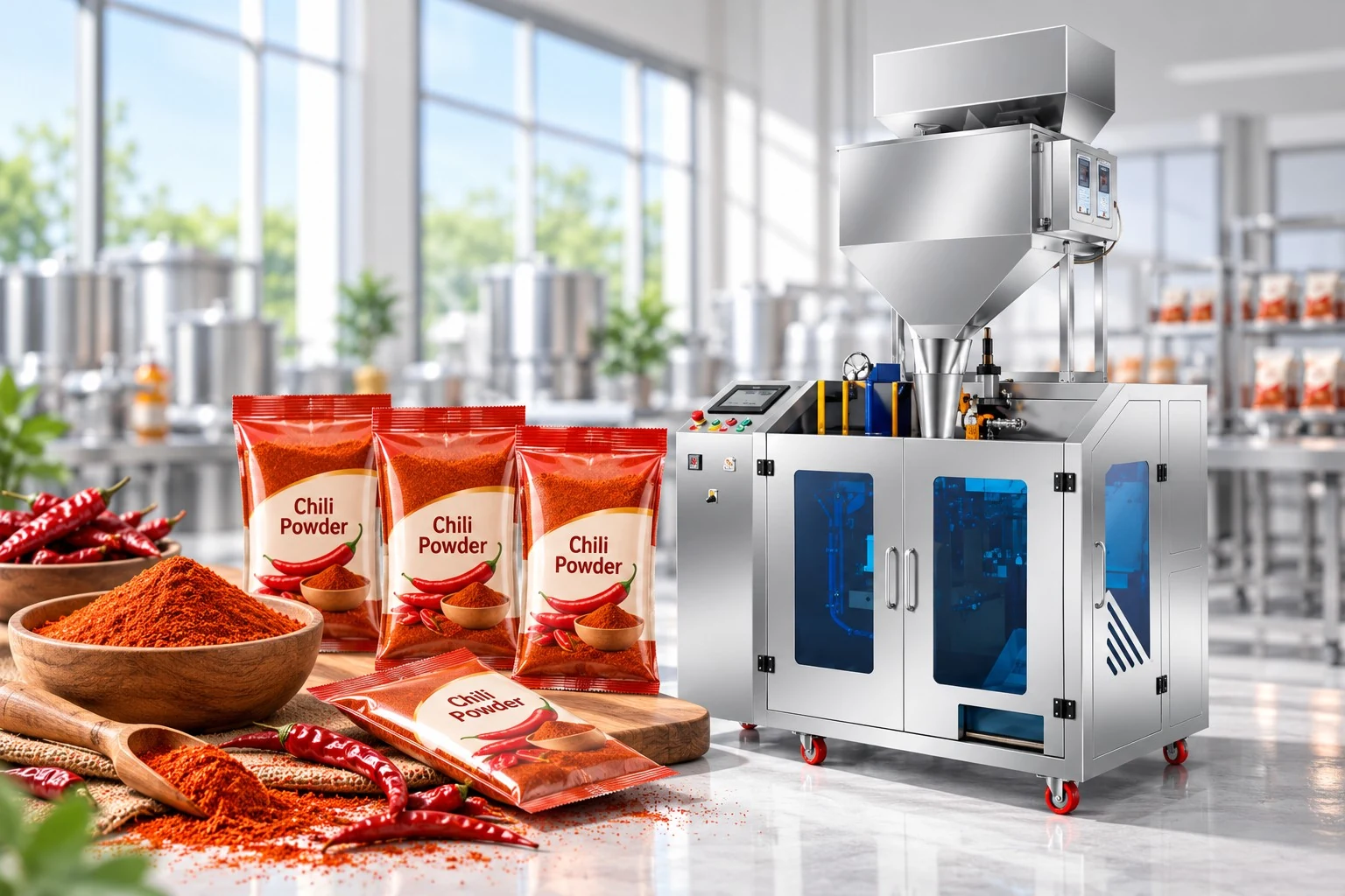 Automatic rotary premade pouch packaging machine for chilli powder and spice blends with stand-up zipper doypacks in modern food processing facility