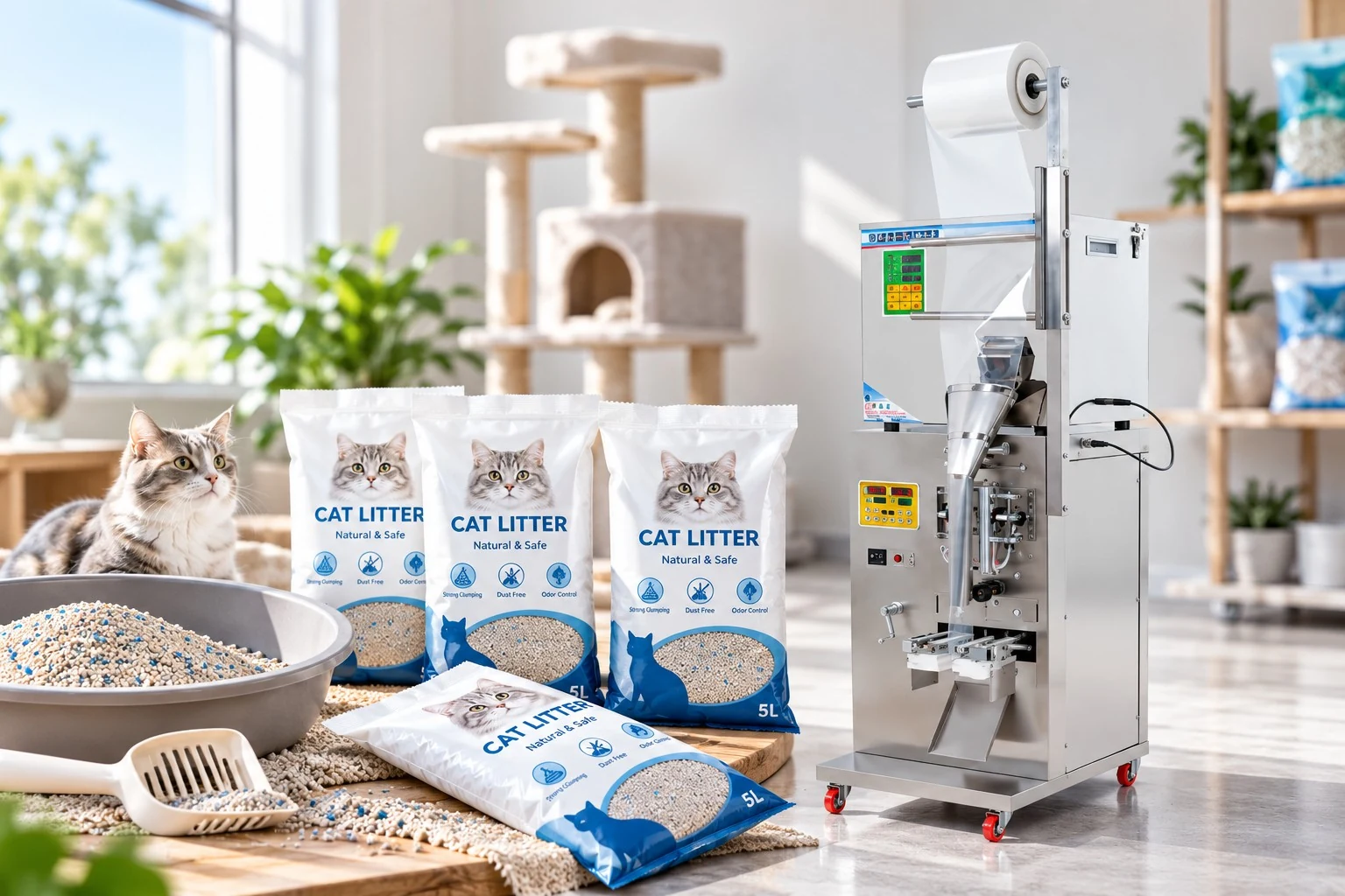 Automatic vertical form-fill-seal cat litter and mineral granule packaging machine with sealed cat litter pouches