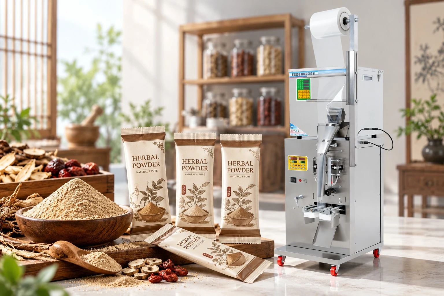 Automatic vertical form fill seal herbal powder sachet packaging machine with Chinese medicine powder sachets in modern pharmaceutical facility
