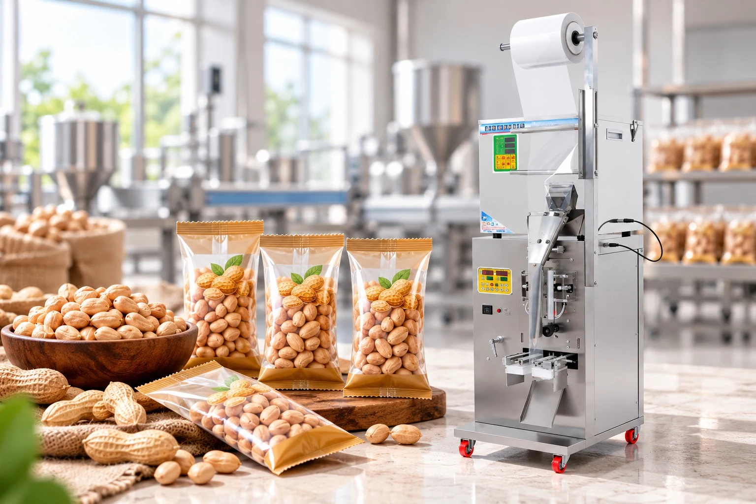 Automatic vertical form fill seal peanut and nut snack granule packaging machine with sealed pillow pouch packages in modern food facility