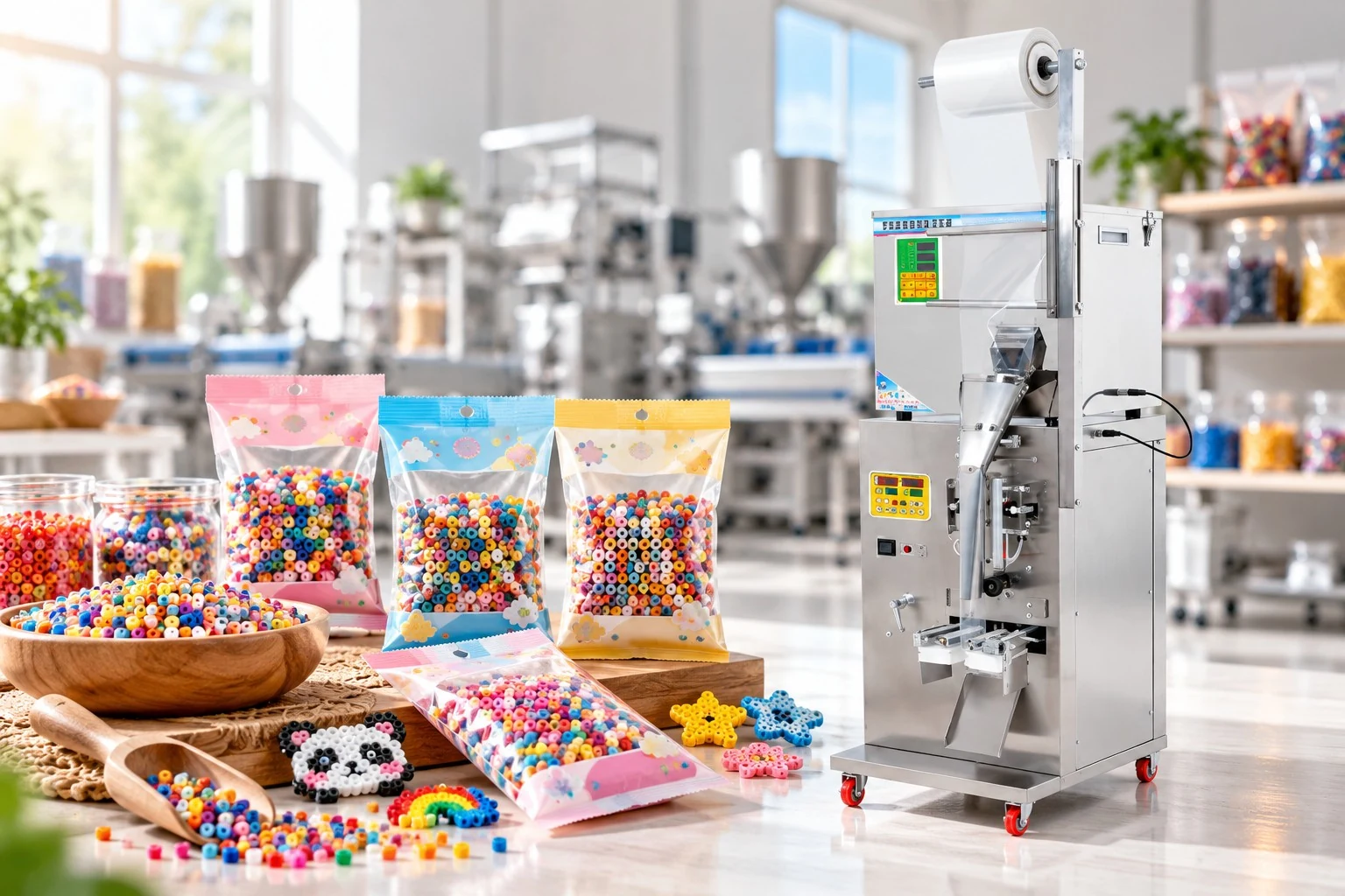 Automatic vertical form fill seal craft fuse beads and plastic granule packaging machine with sealed pillow pouch packages in modern factory